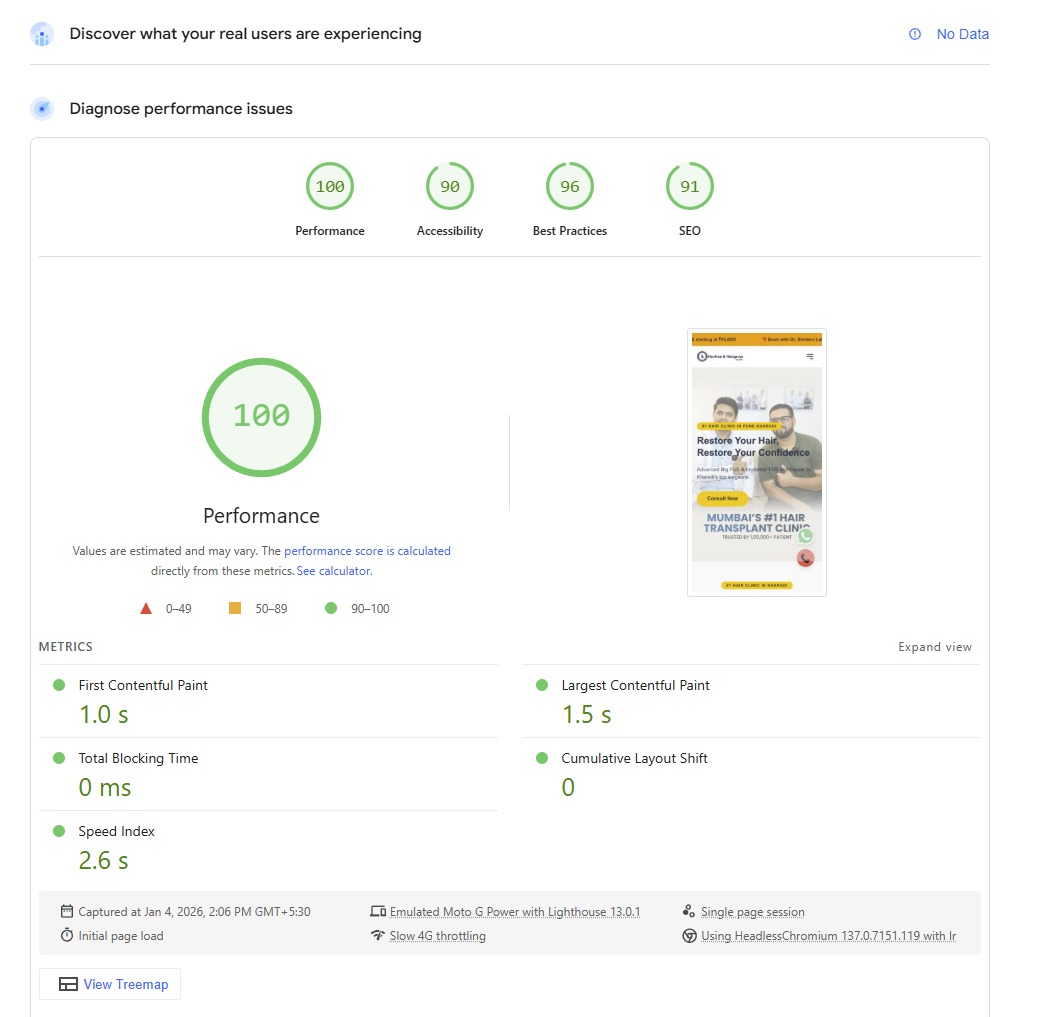 Screenshot of the Hairfree and Hairgrow clinic landing page showcasing treatment results and consultation CTAs.